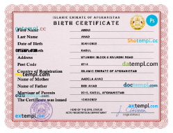 Afghanistan Vital Record Birth Certificate PSD Template Completely